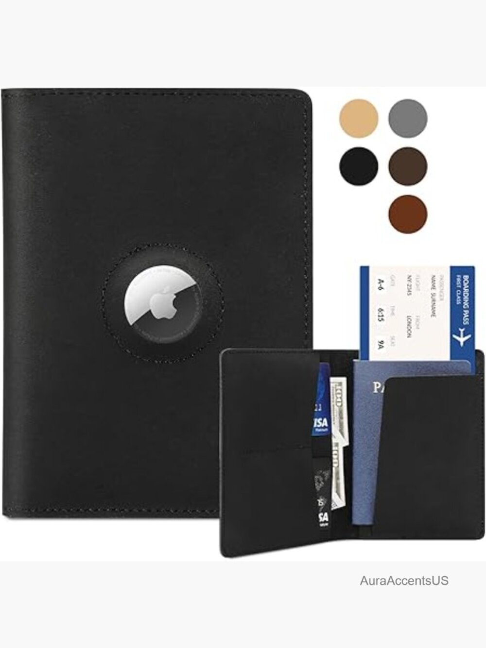 Real Leather Passport Holder with AirTag Slot Travel Wallet Organizer
